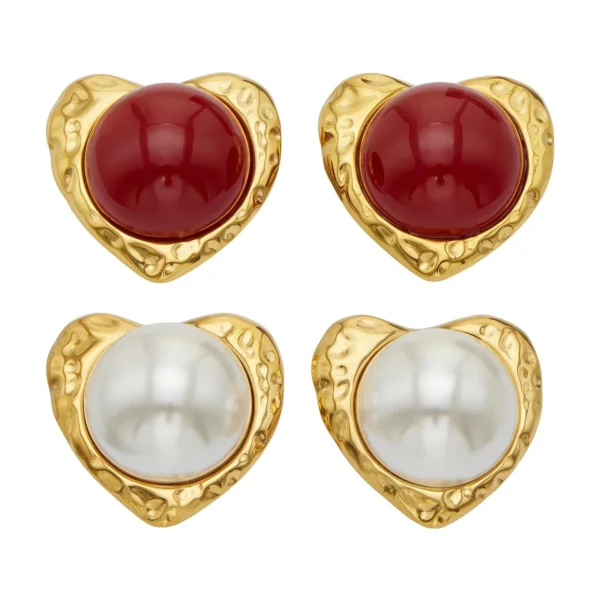 Hammered Heart Pearl Stud Earrings