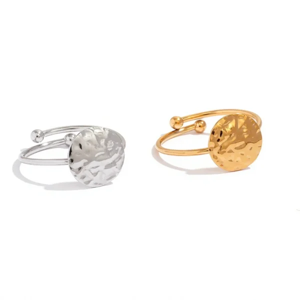Adjustable Ring with Hammered Disc and Ball Ends