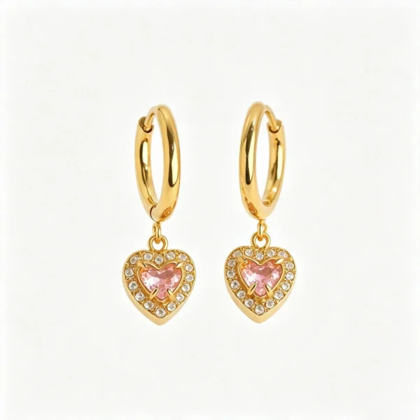 Pink Heart Crystal Halo Drop Hoop Earrings