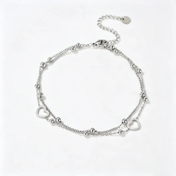 Anklet Double Chain Bead & Open Heart