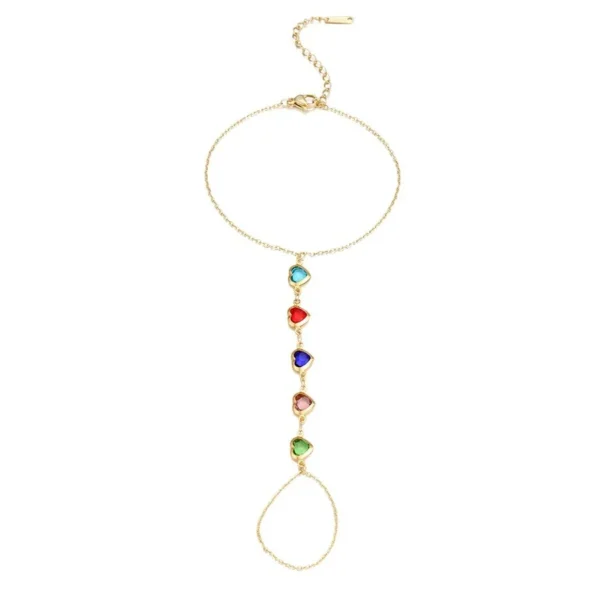 Hand Chain Bracelet with Five Heart CZ Stones