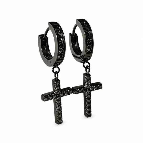 CZ Cross Drop Black Huggie Earrings