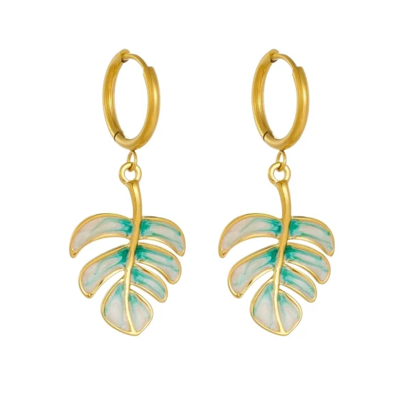 Leaf Drop Hoop Earrings with Enamel Inlay