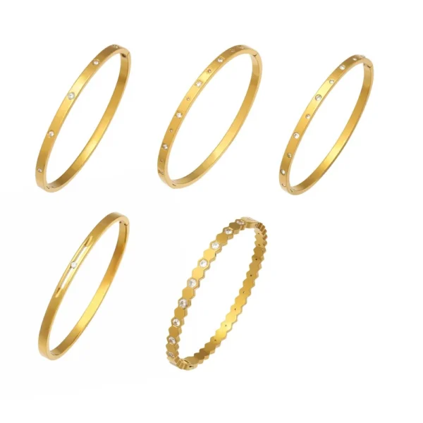 Flush-Set CZ and Geometric Links Bangle Bracelets