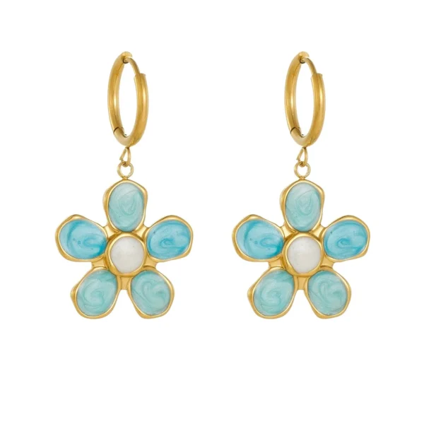 Blue Five-Petal Flowers Drop Hoop Earrings