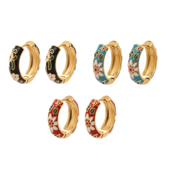 Enamel Floral Huggie Hoop Earrings