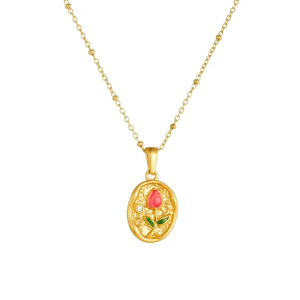 Rose Pendant Necklace with Enamel Bud & Bead Chain