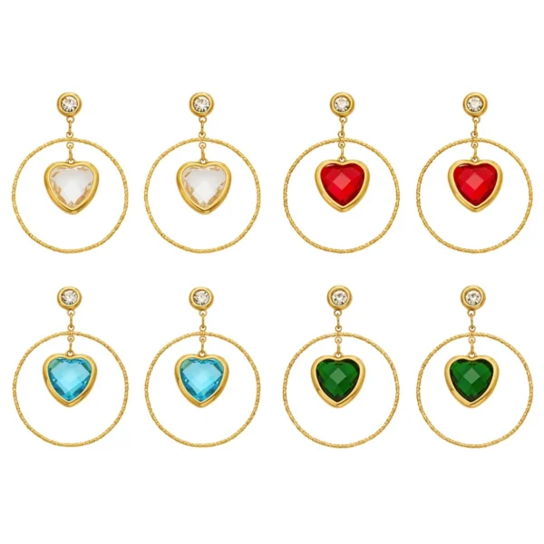 Heart Crystals, Textured Hoops Drop Earrings