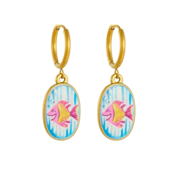 Tropical Fish Oval Charms Hoop Earrings