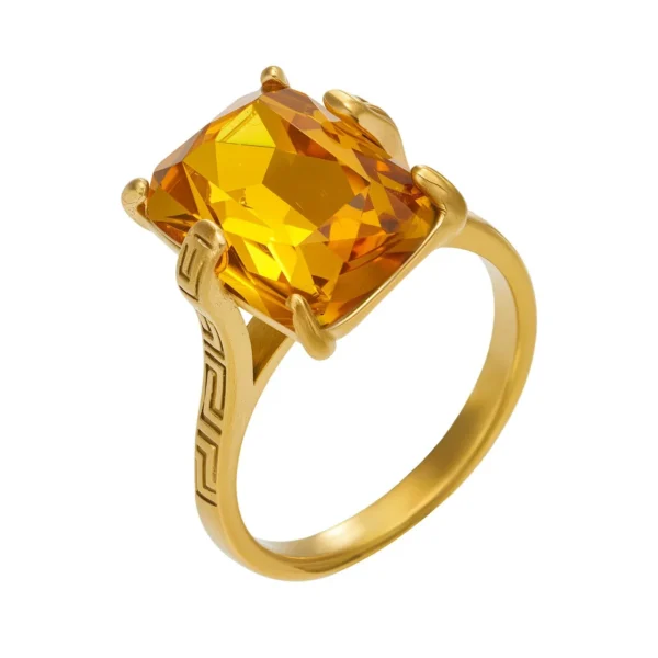 Emerald-Cut Yellow Glass Stone, Greek Key Ring