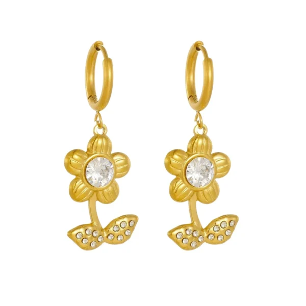 Crystal Flower & Pavé Leaves Hoop Earrings