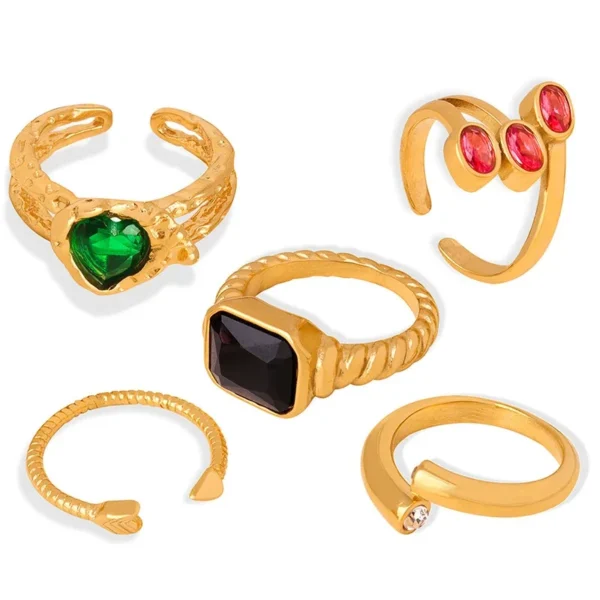 Heart and Emerald-Cut Glass Crystals Rings