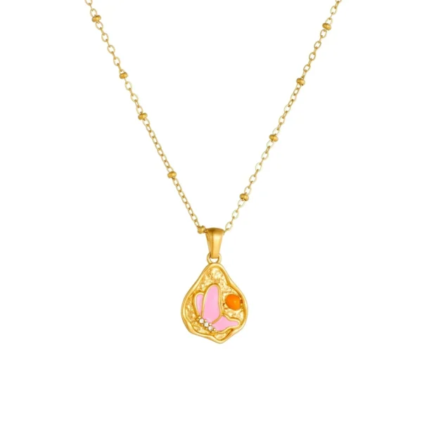 Butterfly Pendant Necklace, Pink Enamel