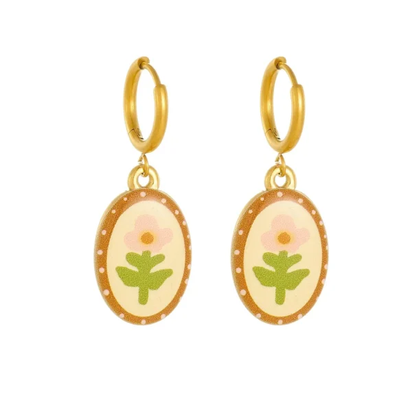 Oval Floral Enamel Drops Hoop Earrings