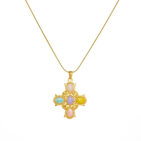 Cross Pendant Necklace with Pastel Cabochons