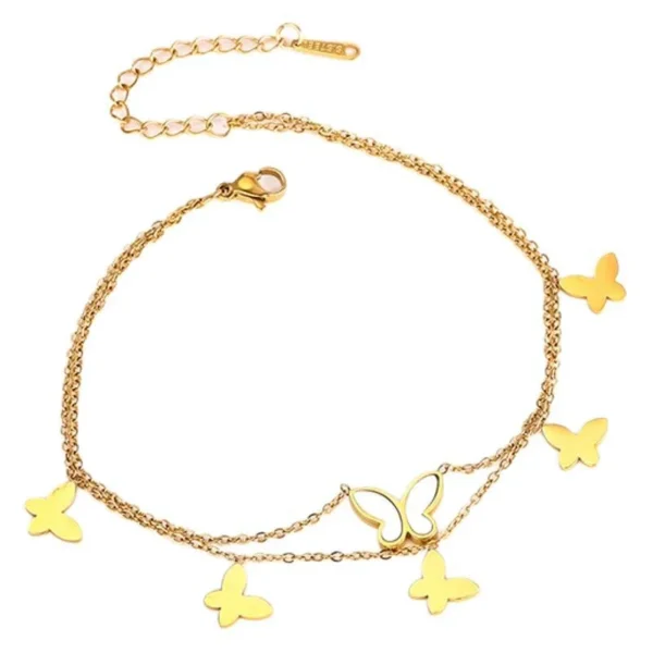Double Chains, Butterfly Charms and White Shell Anklet