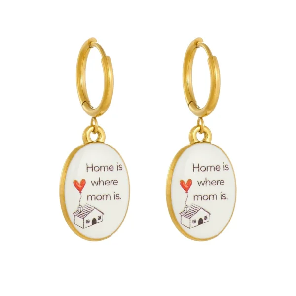 Oval Mom Message Enamel Charms Hoop Earrings