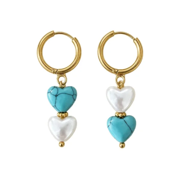 Turquoise and Pearl Hearts Hoop Earrings