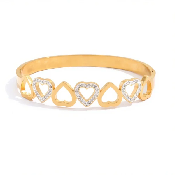 Heart and Crystal Curb Links Bangle Bracelet