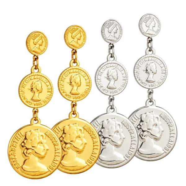 Triple Portrait Coin Discs Drop Earrings