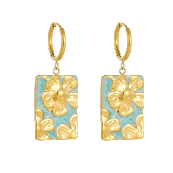 Blue Floral Plaques Drop Earrings