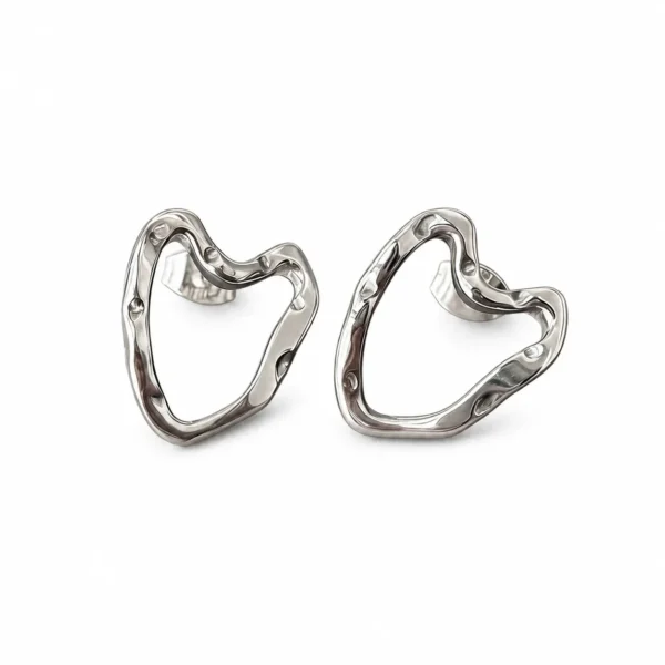 Heart Stud Earrings Open Hammered