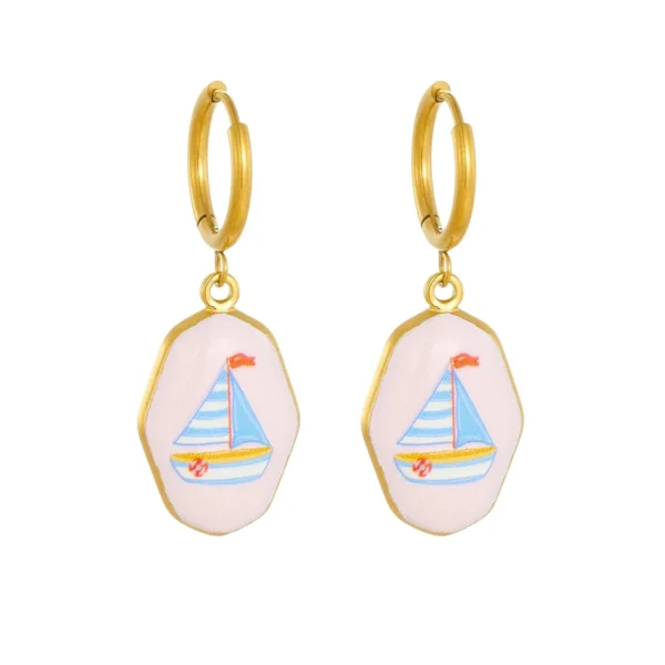 Sailboat Enamel Tag Hoop Earrings