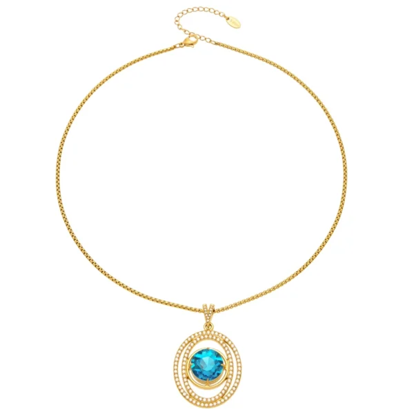 Blue Round Pavé Oval Pendant Necklace