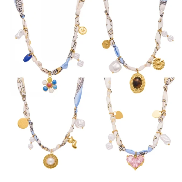 Printed Scarf Cord and Mixed Charms Necklace