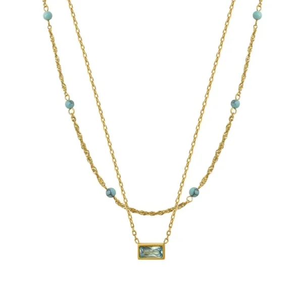 Layered Rectangular Blue Stone Necklace