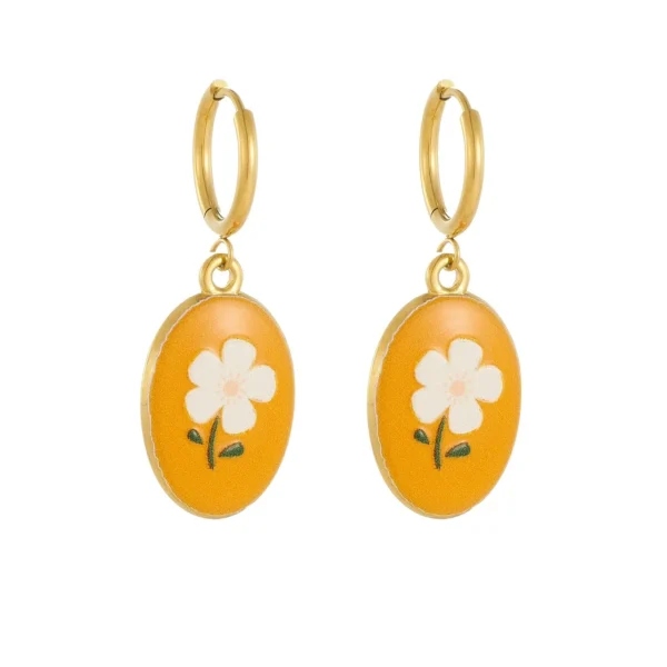 Orange Enamel Flower Drops Hoop Earrings