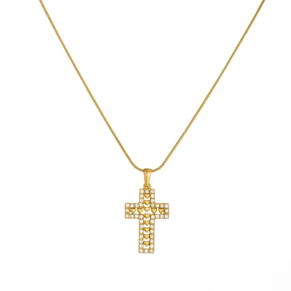 Cross Necklace with Heart Motif and Crystal Border