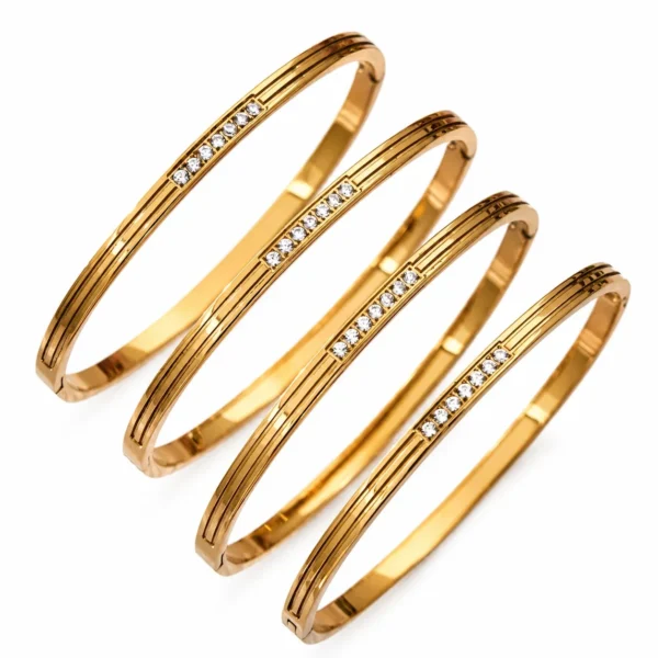 Polished Grooved CZ Hinged Bangle
