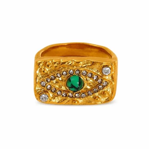Evil Eye Green Crystal Signet Ring