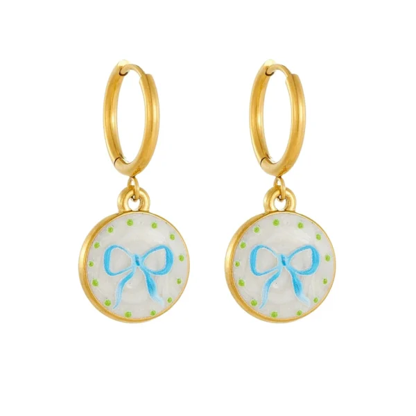 Blue Bow Disc Drop Earrings