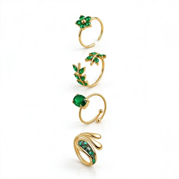 Adjustable Green Crystal Floral Rings