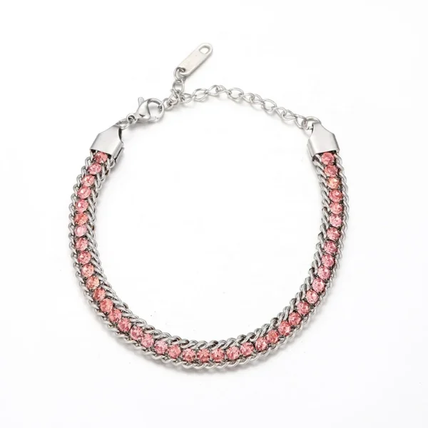 Round Crystal Row & Curb Edges Chain Bracelet