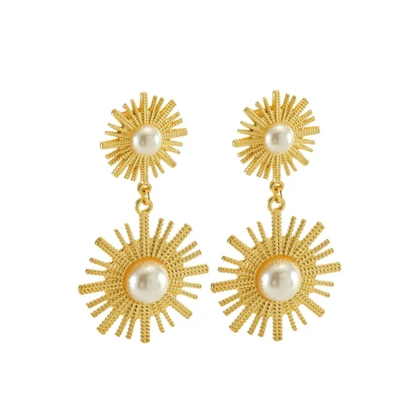 Double Sunburst Pearl Motifs Drop Earrings