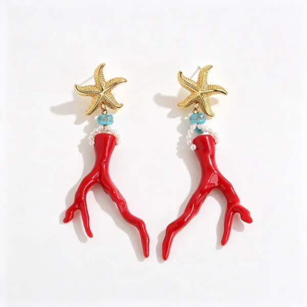 Starfish and Red Coral Branch Drop Earrings