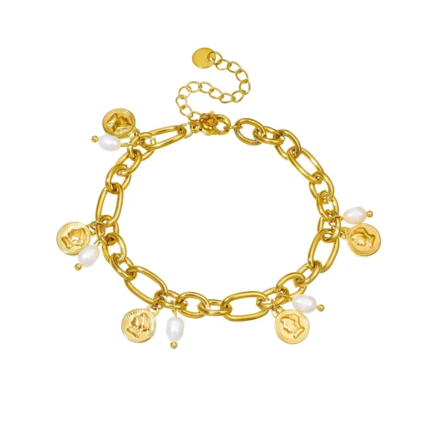 Coin Charms & Pearls Chain Bracelet
