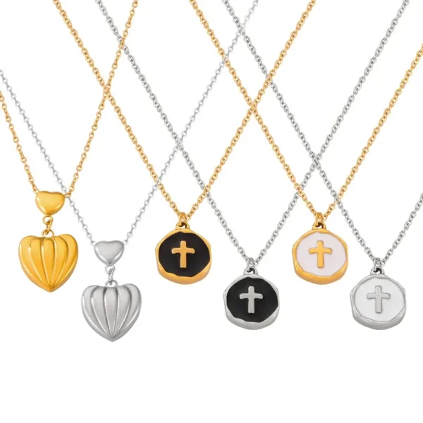 Cross & Ribbed Heart Pendant Necklaces