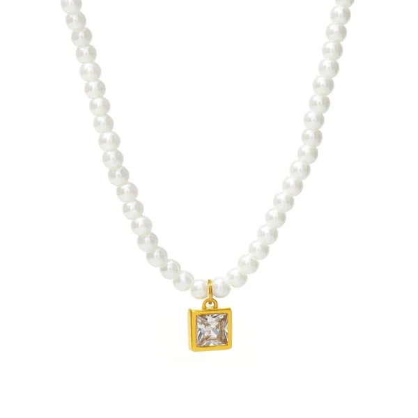 Shell Pearl Necklace with Geometric CZ Pendants