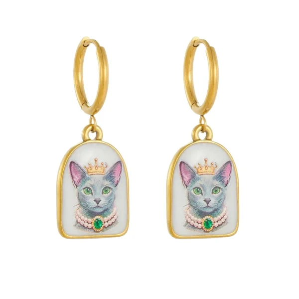 Crowned Cat Arch Charms Drop Earrings