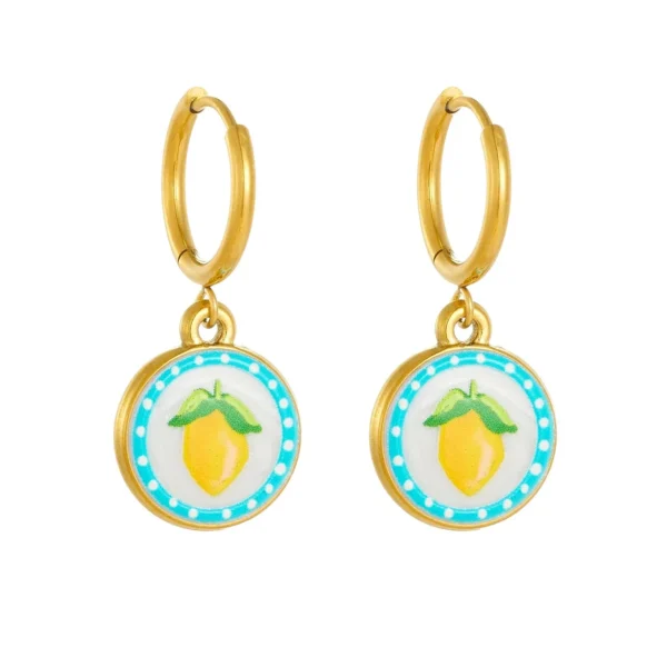 Lemon Medallion Enamel Hoop Earrings