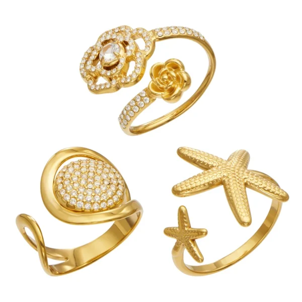 Open Rings with Flower, Pavé Disc & Starfish