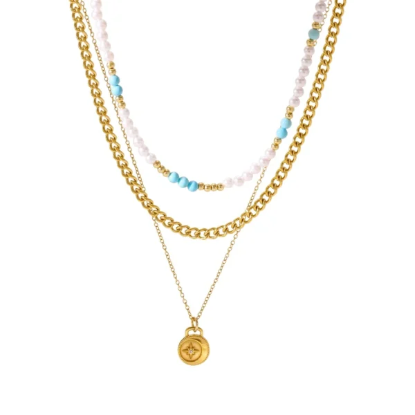 Layered Pearl & Turquoise Star Necklace