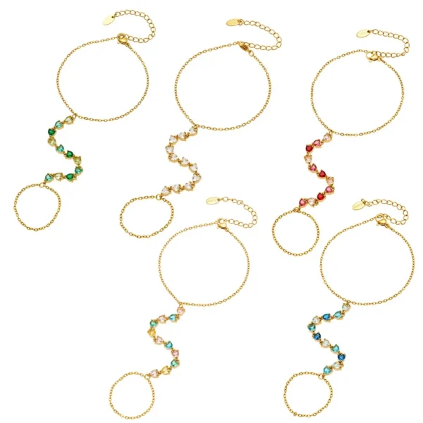 Dopamine Heart CZ Chain Bracelet Ring