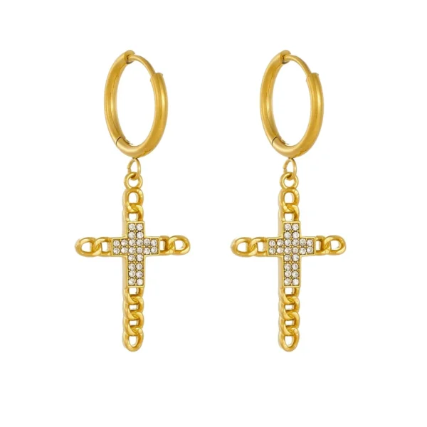 Crystal Cross and Cuban Chain Hoop Earrings