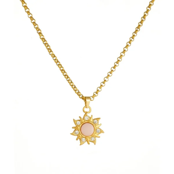 Sun Pendant Necklace Pink Cabochon Crystal