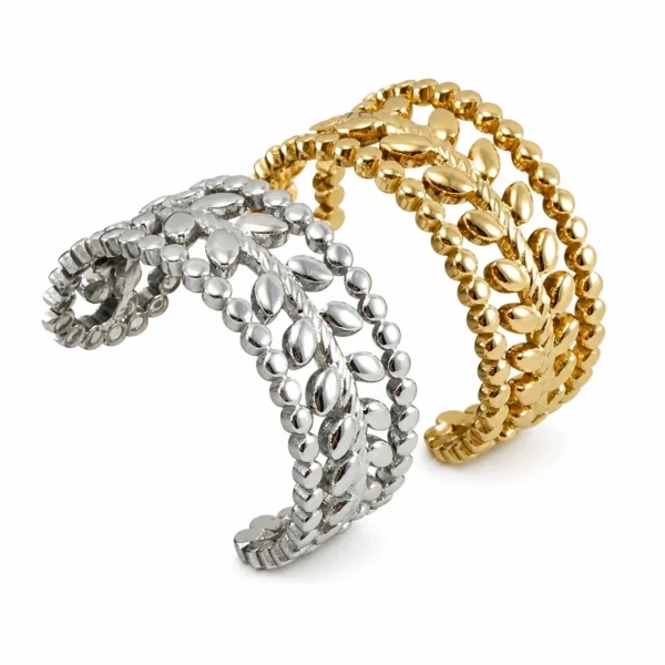 Romantic Open Leaf Bead Cuff Ring